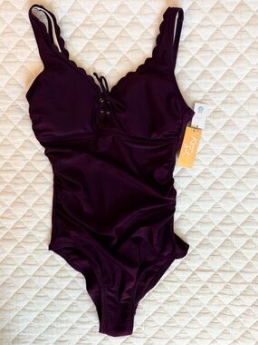 Kona Sol Plum Scallop-Edge One-Piece Swimsuit